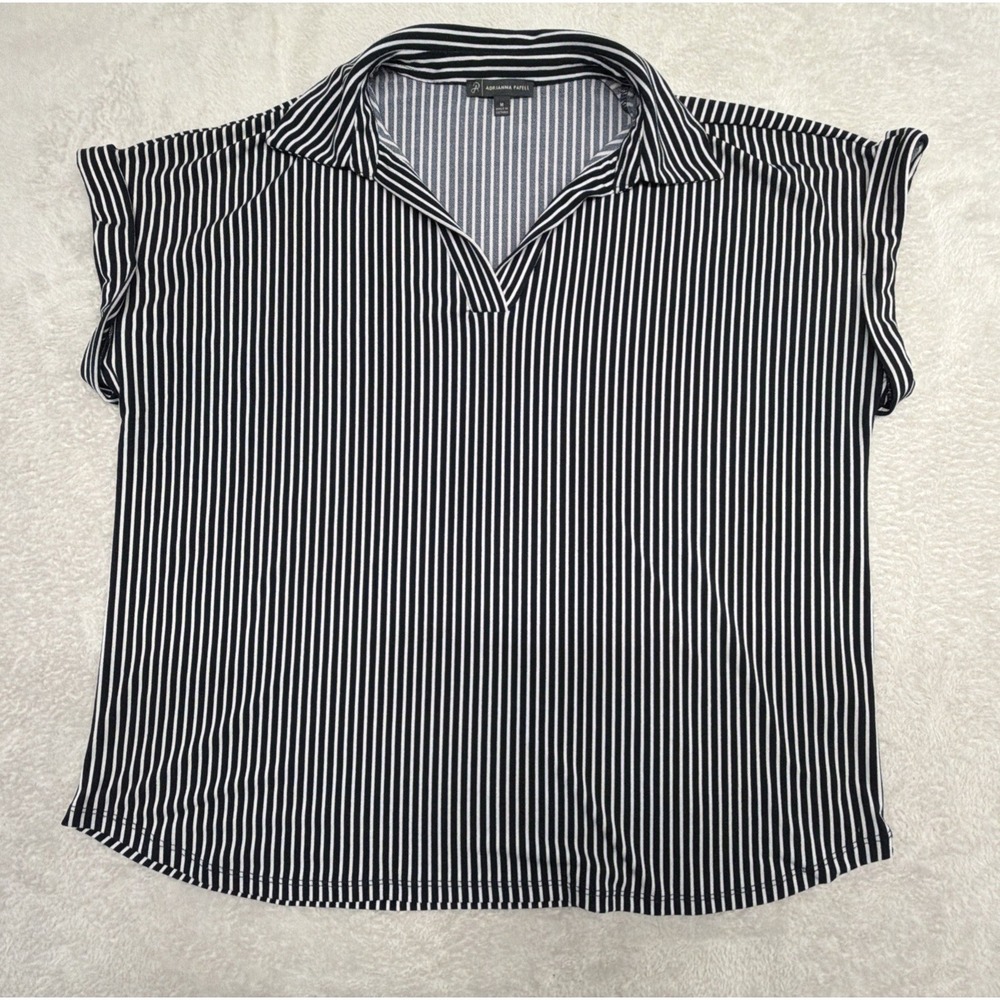 Adrianna Papell Womens Medium Black & White Stripped Blouse Cuffed Sleeves Airy